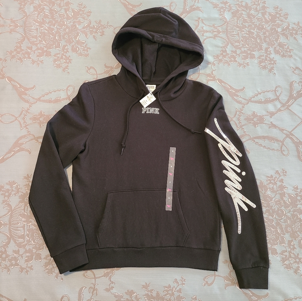 Victoria's Secret PINK Bling Black Silver Pullover Hoodie Women's Size Mdium